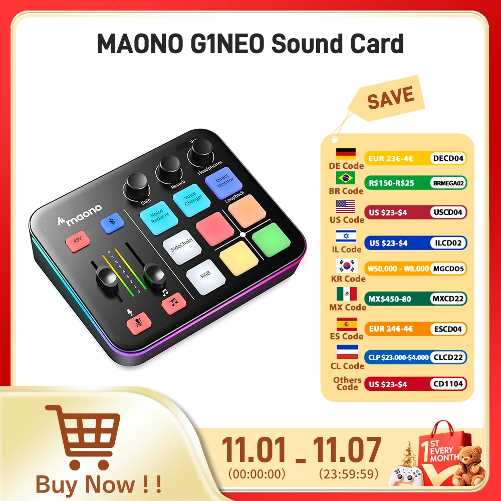 MAONO G1 NEO interfaz de audio Audio Mixer g1,Custom Sound Effects,XLR Audio Interface,for Gaming Voice,Podcast