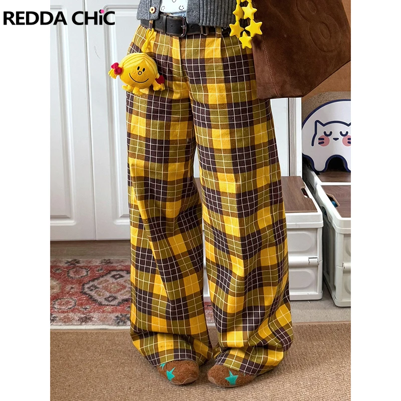 ReddaChic Retro Checkered Wide Leg Pants for Women Yellow Color Block Pockets High Waist Straight Wide Leg Sweatpants Daily Wear