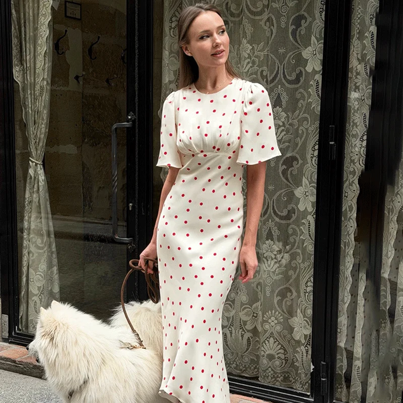 

Ticketsx Women's Summer Polka Dot Dress Elegant Vintage Ruched Patchwork Slim Dress Fashion New Vacation Streetwear Long Dresses