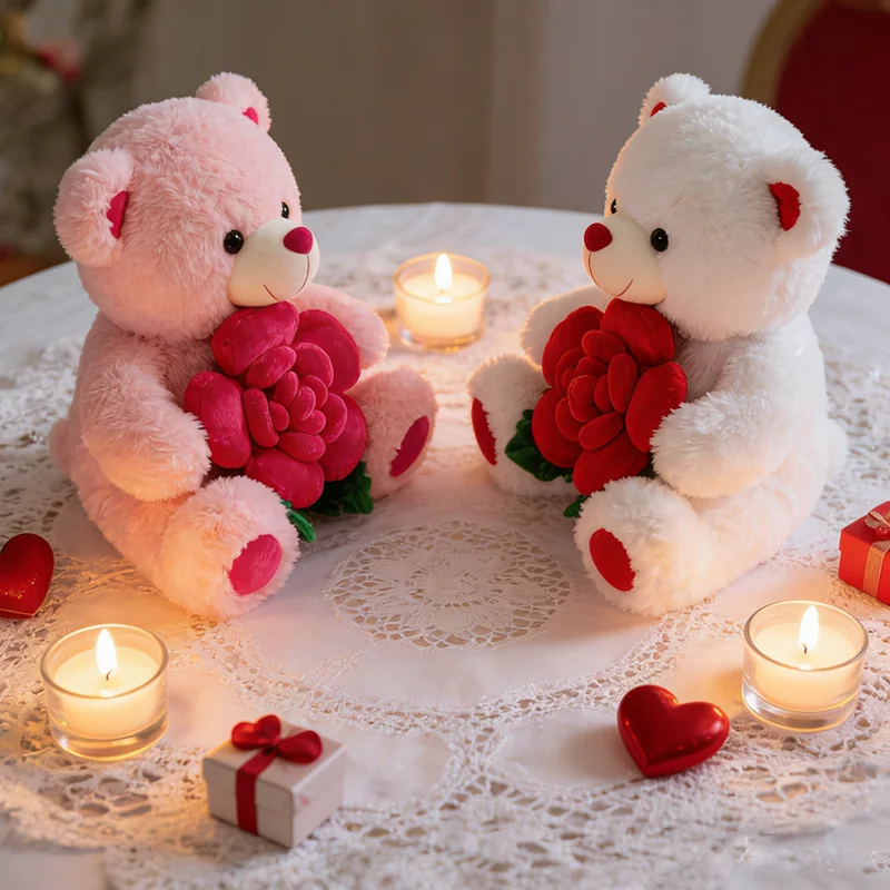 

Bear Holding Rose Plush Toy Teddy Bear Stuffed Animal Cute Valentine's Birthday Gift White Pink