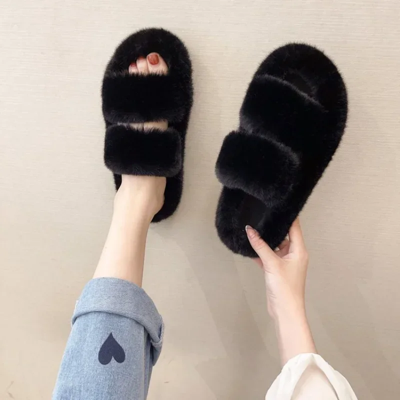 Fashion One Word Thick Fur Slippers Double Fur Slippers Casual Home Cotton Shoes for Women Flat Plush Cross Straps Slippers2024