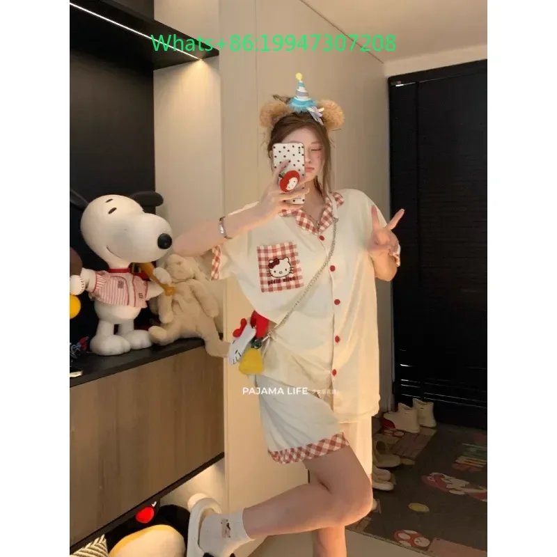 

Summer new cute plaid hellokitty pajamas women's pure cotton short-sleeved cartoon girl sweet loungewear