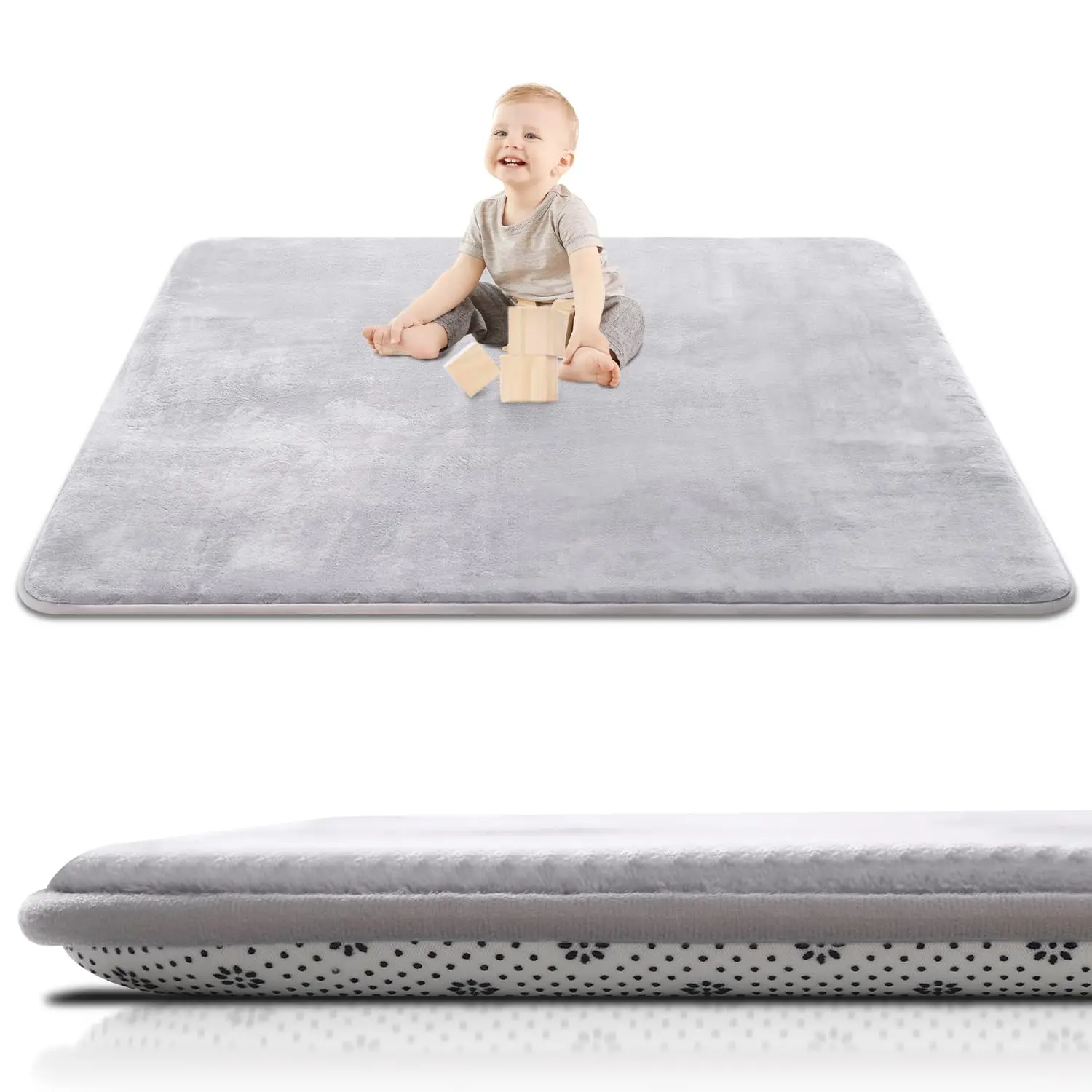 Thick Baby Play Mat, 50x50 Foam Floor Mat for Tummy Time, Non-Slip Cushioned for Infant Crawling, Grey