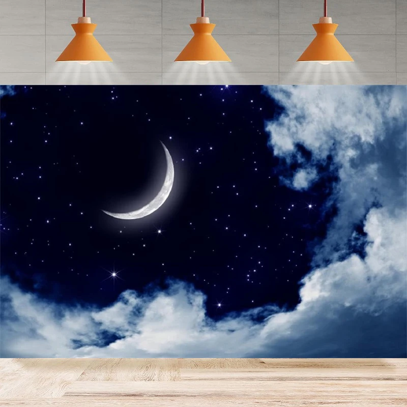 

Sweet Crescent Moon Night Photography Backdrop Beautiful Starry Sky Clouds Background Good Dream Party Poster Banner