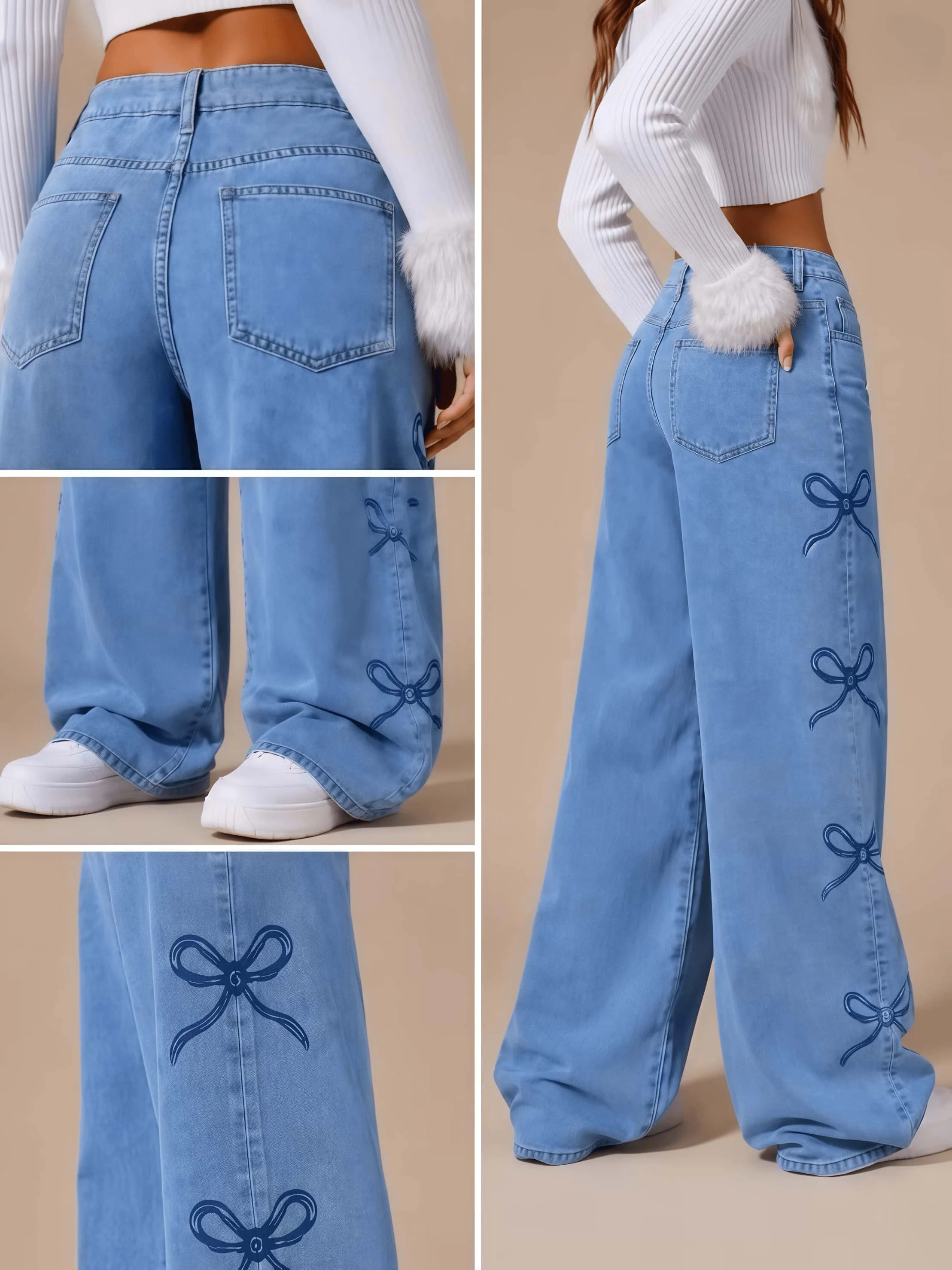 Women's High Waist Wide Leg Jeans Light Blue Bow Embroidery Y2K Sweet Coquette Baggy Vintage Streetwear Slimming Long Denim Trou