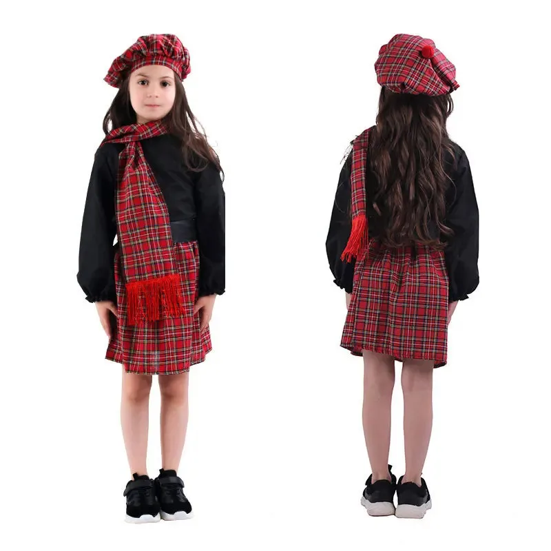 

Scotch girl fluid costume head dress headwear scarf baby girls full suit children Halloween Kpop kilt cosplay dress