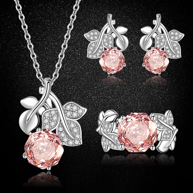 S925 Sterling Silver 3‑Piece Set, Padparadscha Cubic Zirconia Millennium Rose Cut Ring Earrings Pendant