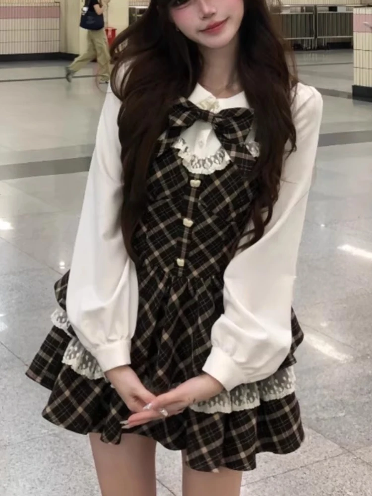 

Винтажный комплект из 2 предметов в стиле Лолиты в консервативном стиле, женское дизайнерское платье в клетку с кукольным воротником и длинными рукавами + накидка в стиле Харадзюку Y2k, шикарные наряды