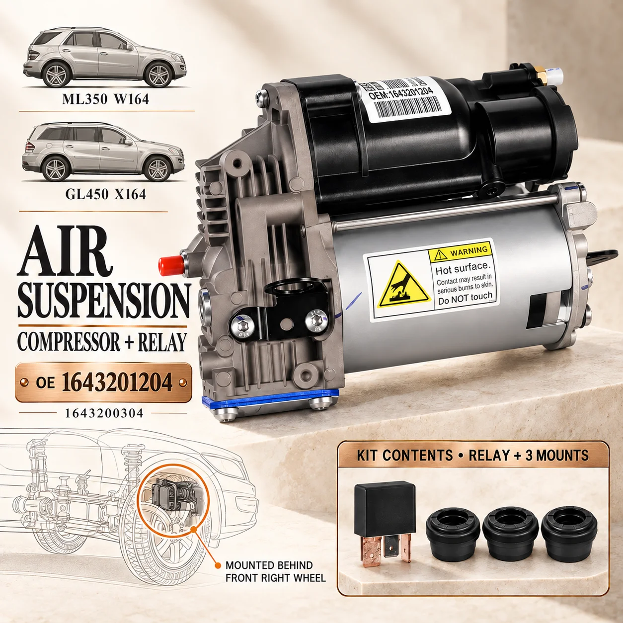 Image of AP02 Luftfederungskompressorpumpensatz für Mercedes ML350 ML320 W164 GL450 GL350 X164 OE 1643201204 1643200304 1643200504