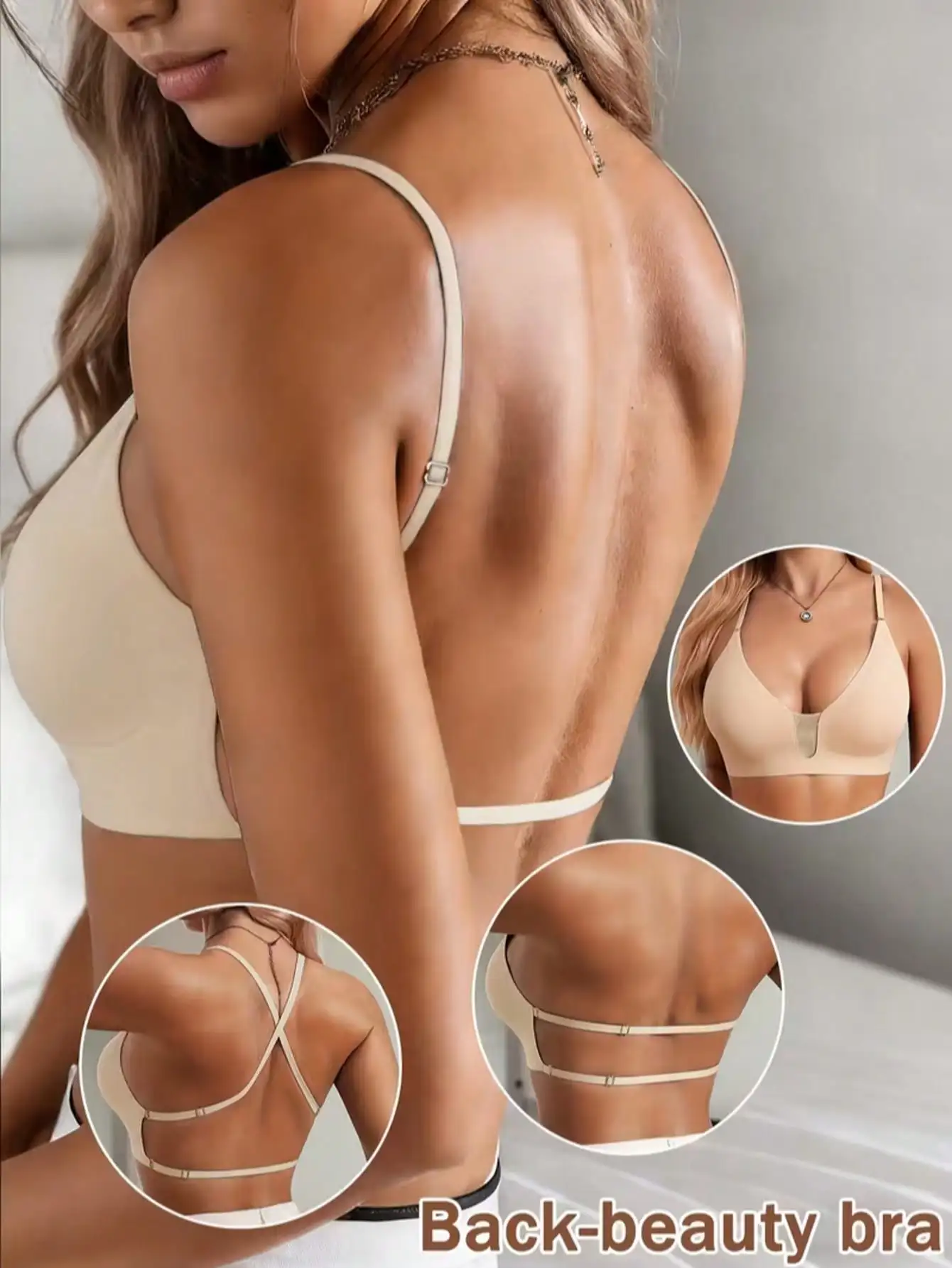 Seamless Backless Bra for Women, Wire-Free, Removable Pads, Adjustable Straps, Breathable, Ideal for Weddings & Low-Back Outfits