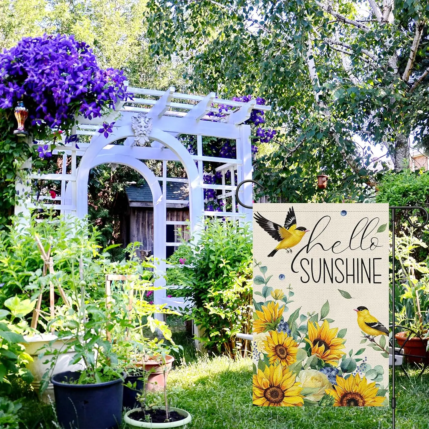 Hello Sunshine Summer Garden Flag for Outside，Sunflower goldfinch Holiday Outside Decoration Birds Floral Burlap Yard Flag D PPM