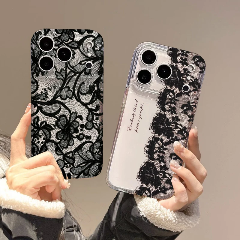 Capa de Telefone com Padrão de Renda Preta para OPPO Reno 15F 15 14 13 12 11 F Pro 10 9 8 7 6 5 4 Pro Plus 8T, Capa de Silicone Transparente Fashion