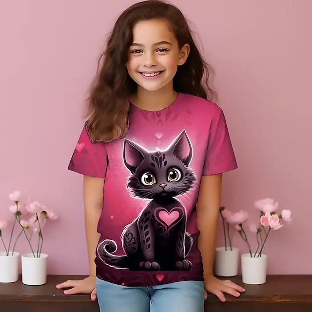 Girls Cartoon Cat Tee Shirt Pink Short Sleeve 3D Print Summer Fashion Cute Polyester Kid Crew Neck Outdoor Casual Daily Regular