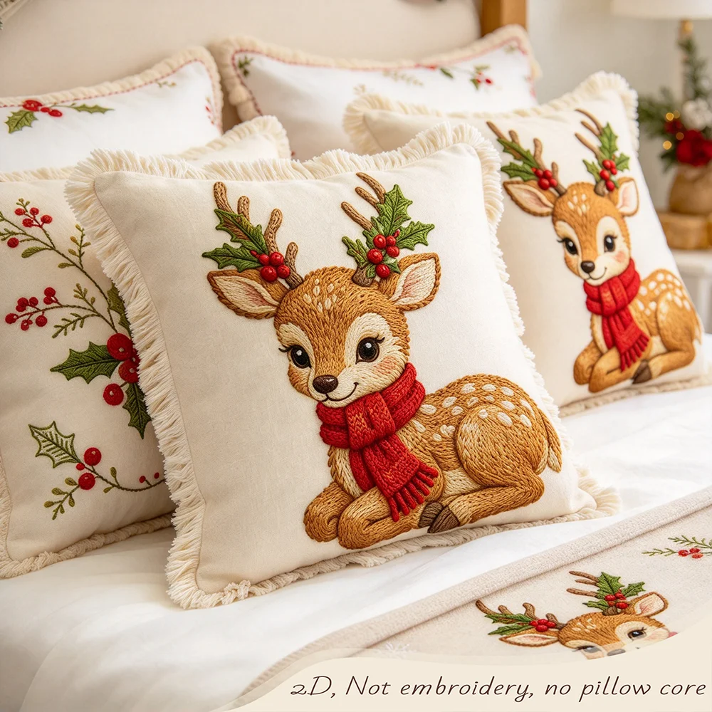 1PC Cute reindeer red scarf Christmas pillowcase, fake embroidery, no pillow core, cushion cover