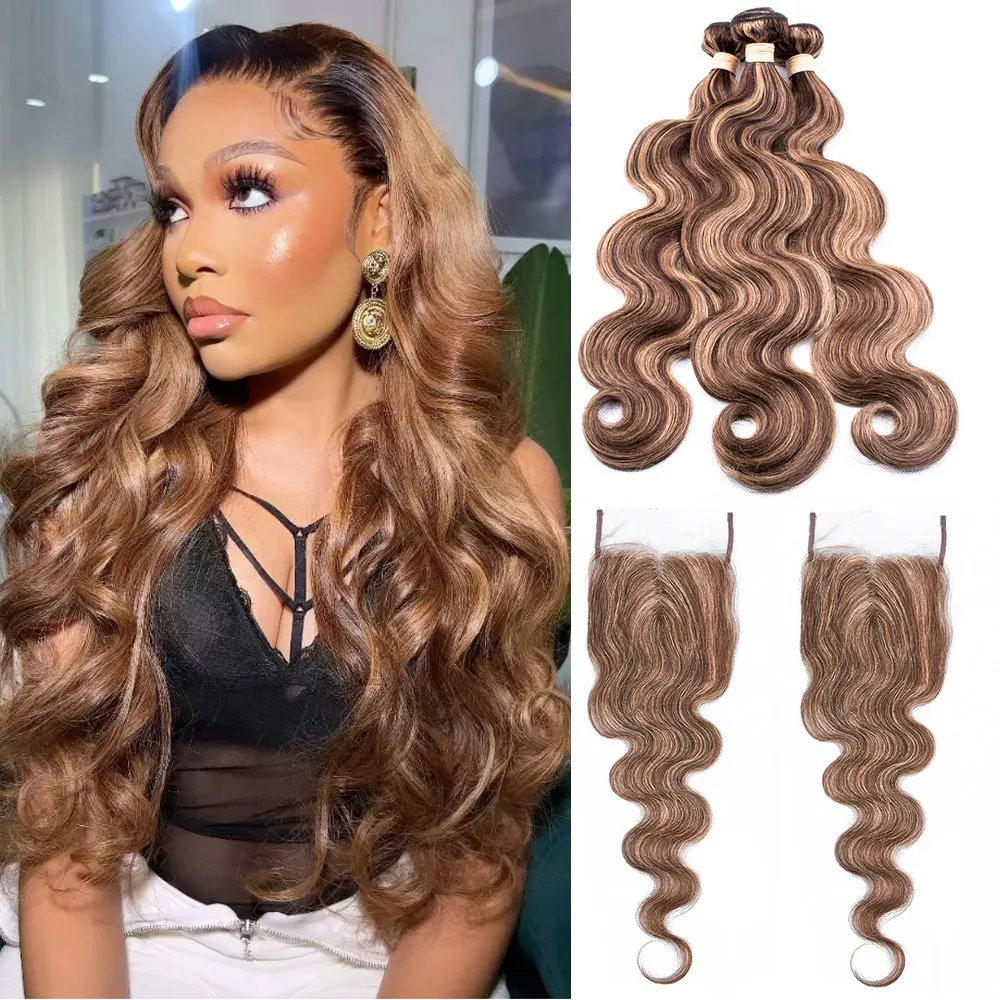 Tissage en Lot Body Wave Ombré avec Closure, Cheveux Lisses, Partie T, P4/27