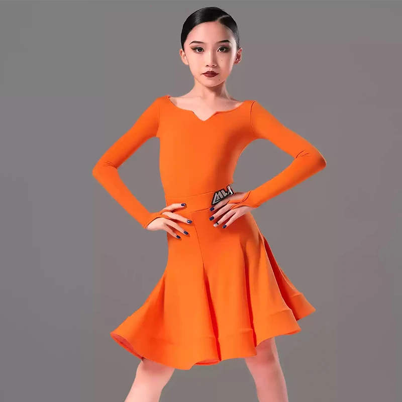 

New Children's Latin Dance Competition Costume Girl's Ballroom Danceing Stage Performance Wear Kid Long Sleeve Split Set VBH735