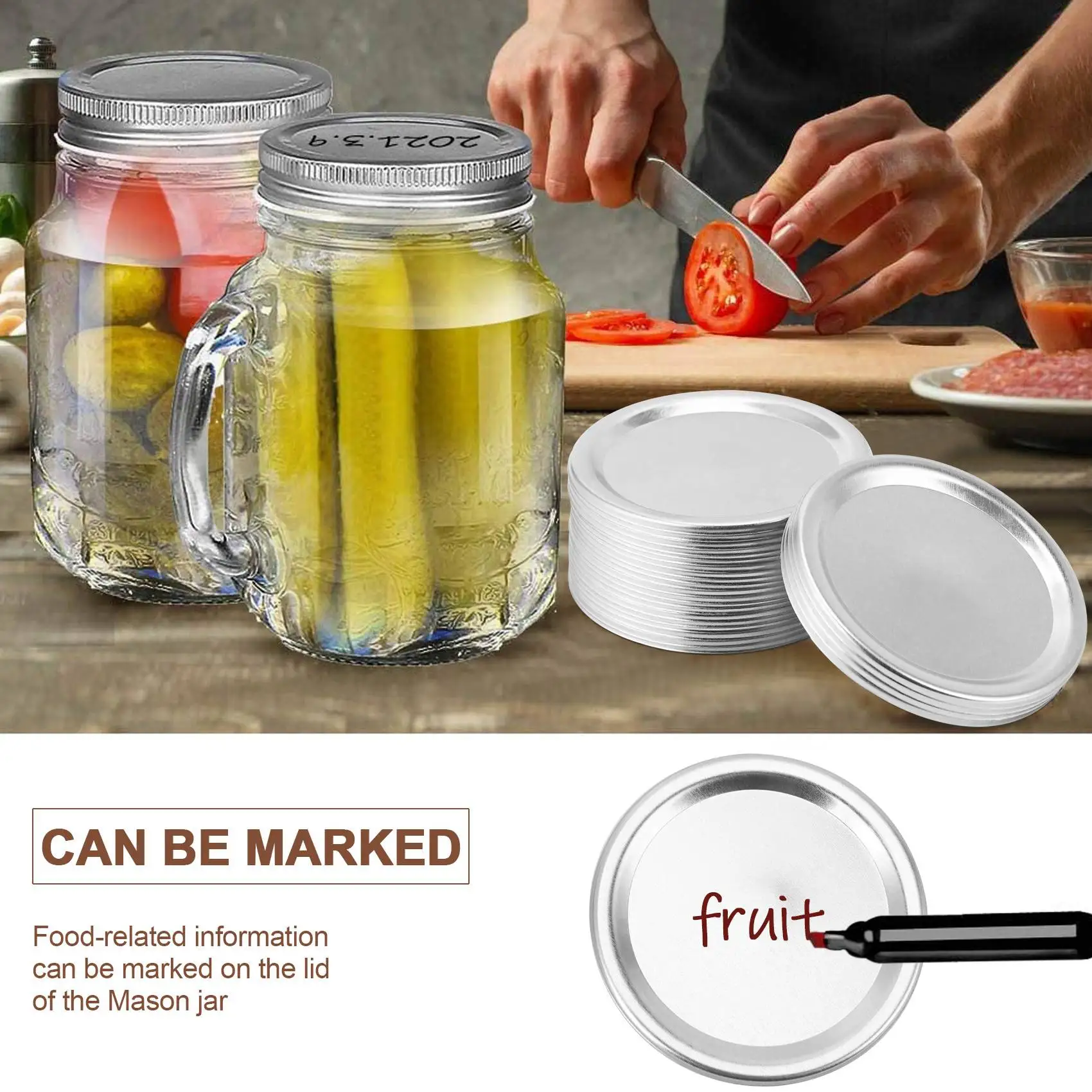 100 قطعة من أغطية تعليب الجرار ذات الفم العادي 70 مم، أغطية فضية من النوع المنفصل المقاوم للتسرب قابلة لإعادة الاستخدام مع حلقات أختام من السيليكون - VVBC