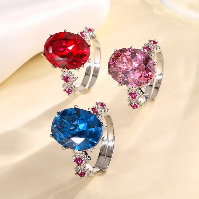 

Adjustable Oval Cut Gemstone Ring with Brilliant Red Pink Blue Stones Intricate Design Women Jewelry Cocktail Party Accessories