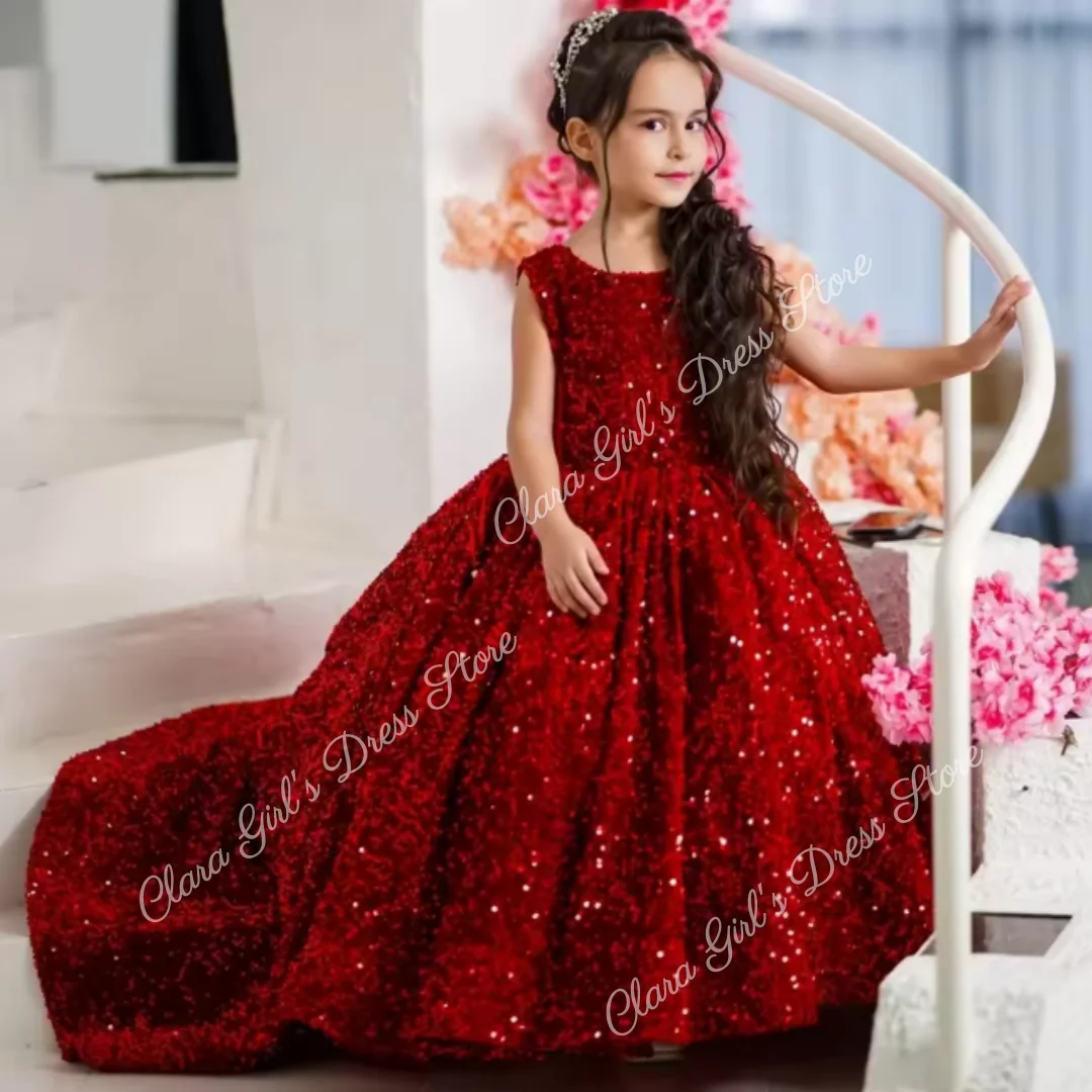 Shiny Flower Girl Wedding Dress Sleeveless Baby Toddler Birthday Dress with Bow First Communion Dress Customizable