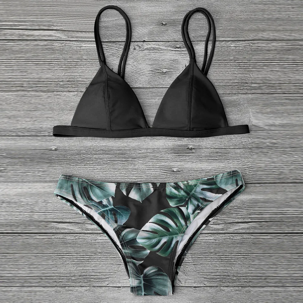 Bikini acolchado con realce para mujer, traje de baño con estampado de hojas, ropa de playa para verano