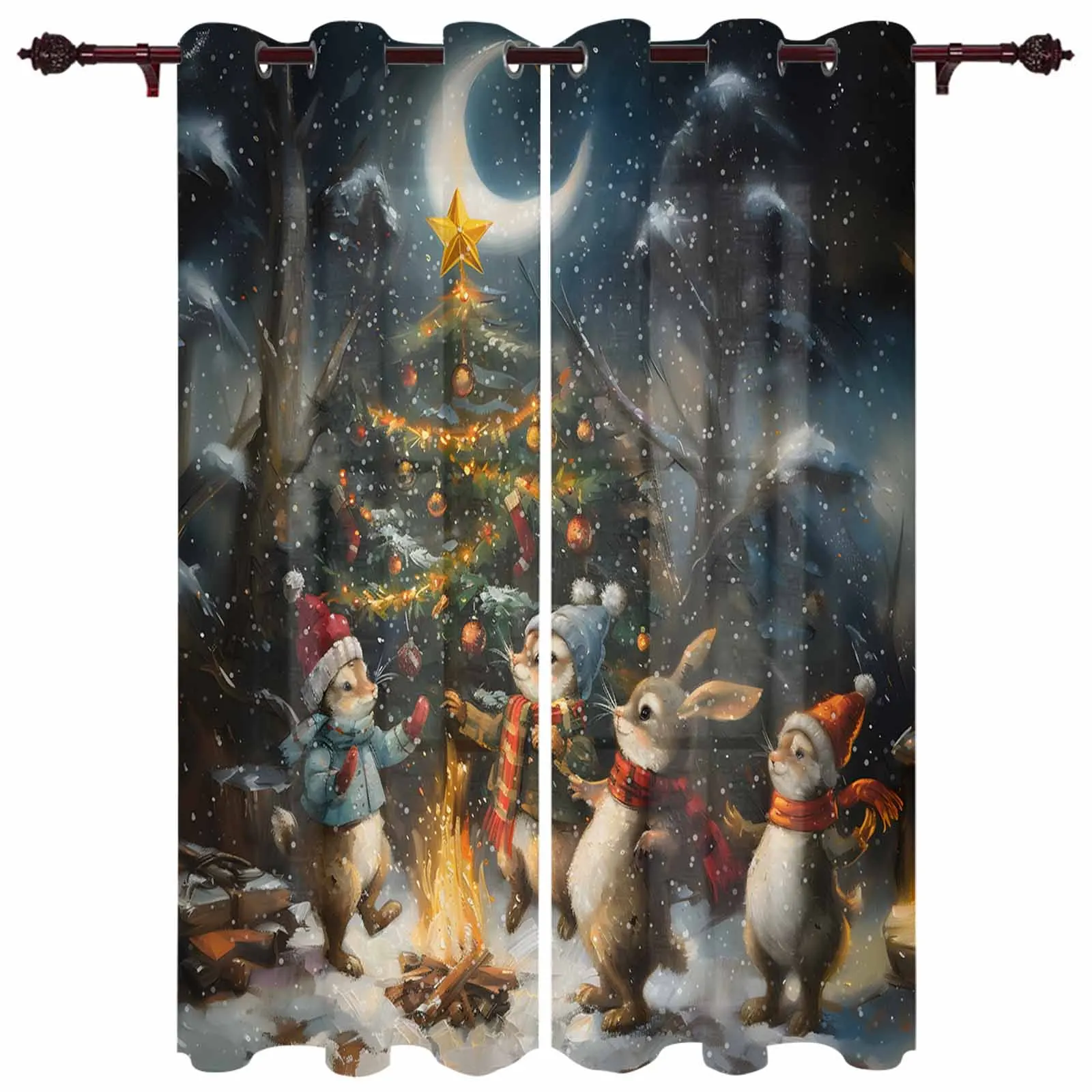 Christmas Snow Forest Moon Animals Windows Curtains Living Room Luxury Decor Christmas Curtains Bedroom Kitchen Window Drapes