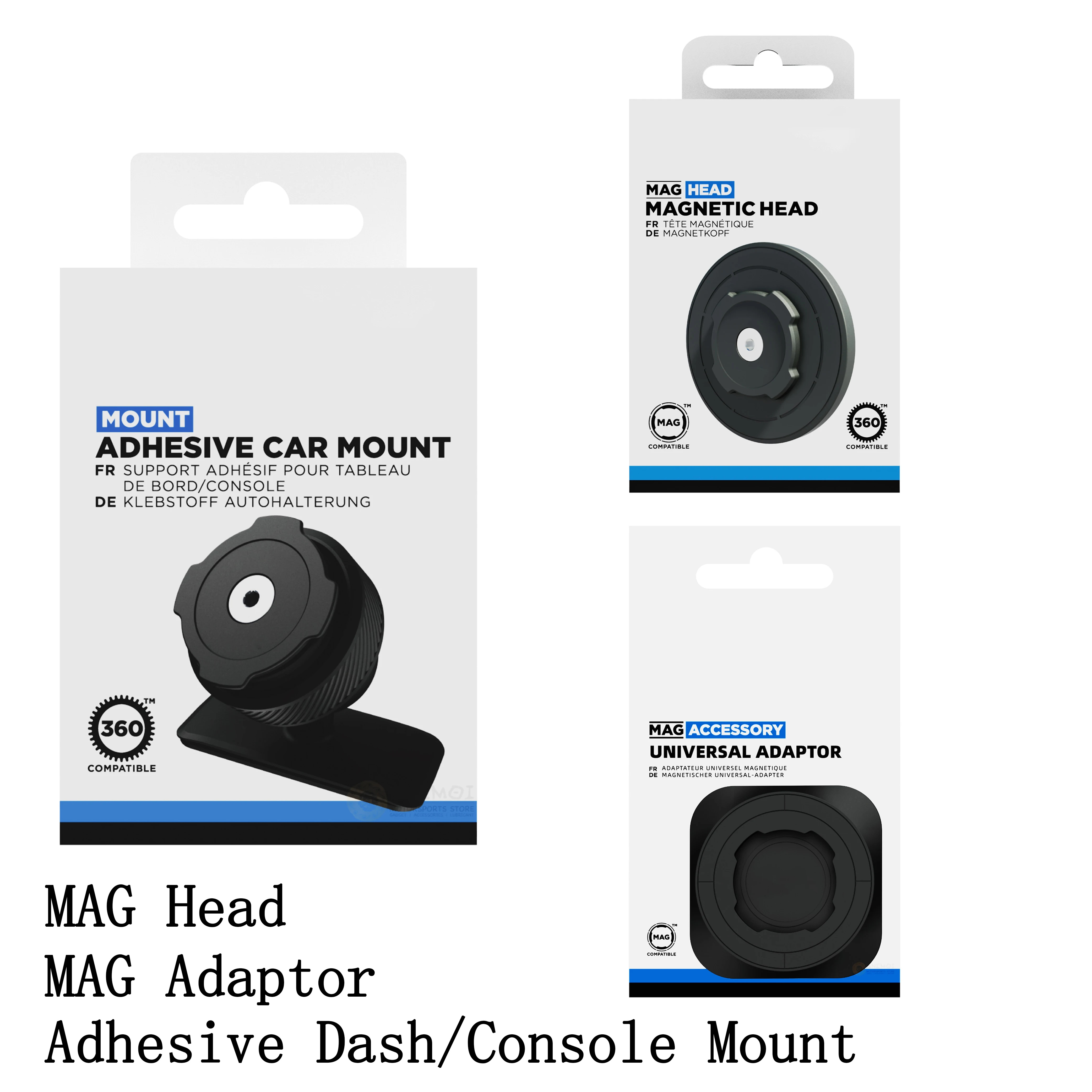 

Car Mobile Phone Mount 3-in-1 Set Adhesive Dash/Console Mount MAG Head MAG Adaptor