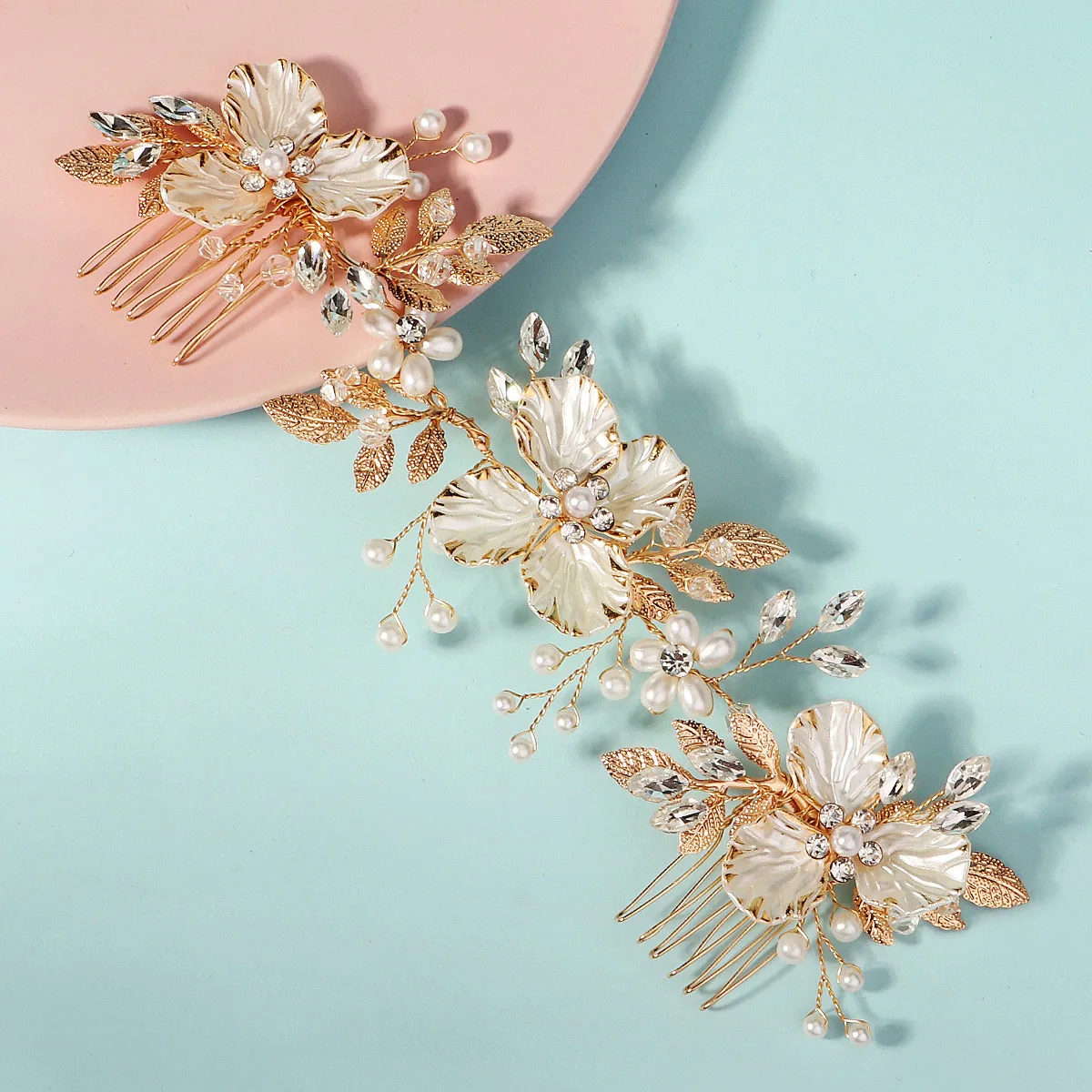 اكسسوارات الزفاف اليدوية إدراج مشط فستان الزفاف تصفيف أغطية الرأس الذهب جو المياه الماس اللؤلؤ زوج مشط الشعر مشط