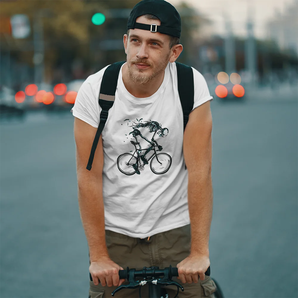 

Bike to the Death Cool Skeleton Riding a BicycletopsPure Cotton Vintage Men's clothing Big size Graphic shirts