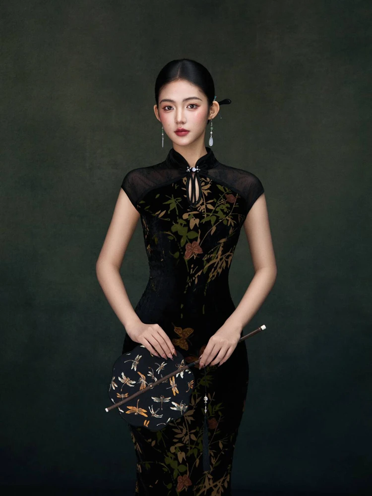 

Revised Photography Studio Artistic Atmosphere Sensation Black Color New Chinese Style Republic of China Lady Dress