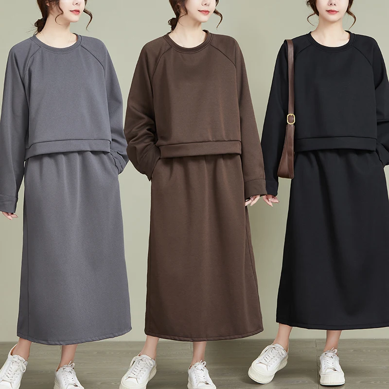 

Women's Autumn Winter Thiened Fce Long Sve Sweatirt And Skirt Set Pure Color plus Size Two-Piece Cotton Knitted Wear
