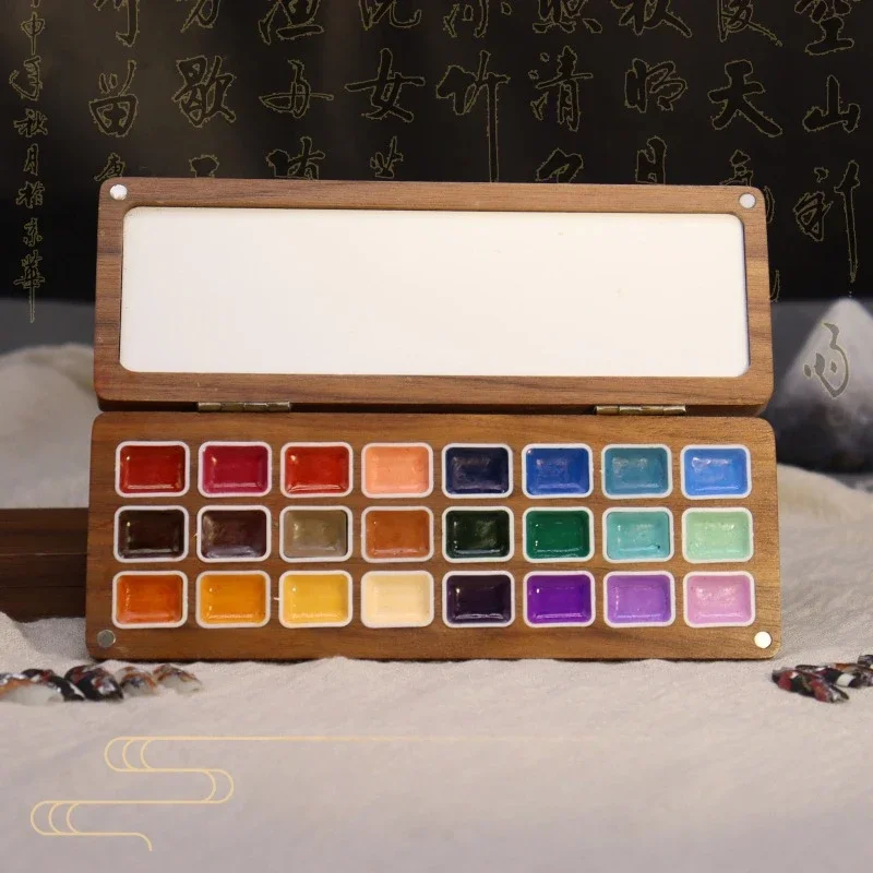 24-colors Pearlescent Solid Color Watercolor Solid Pigment Set Handmade DIY Nail Art Painted Walnut Box Pigment