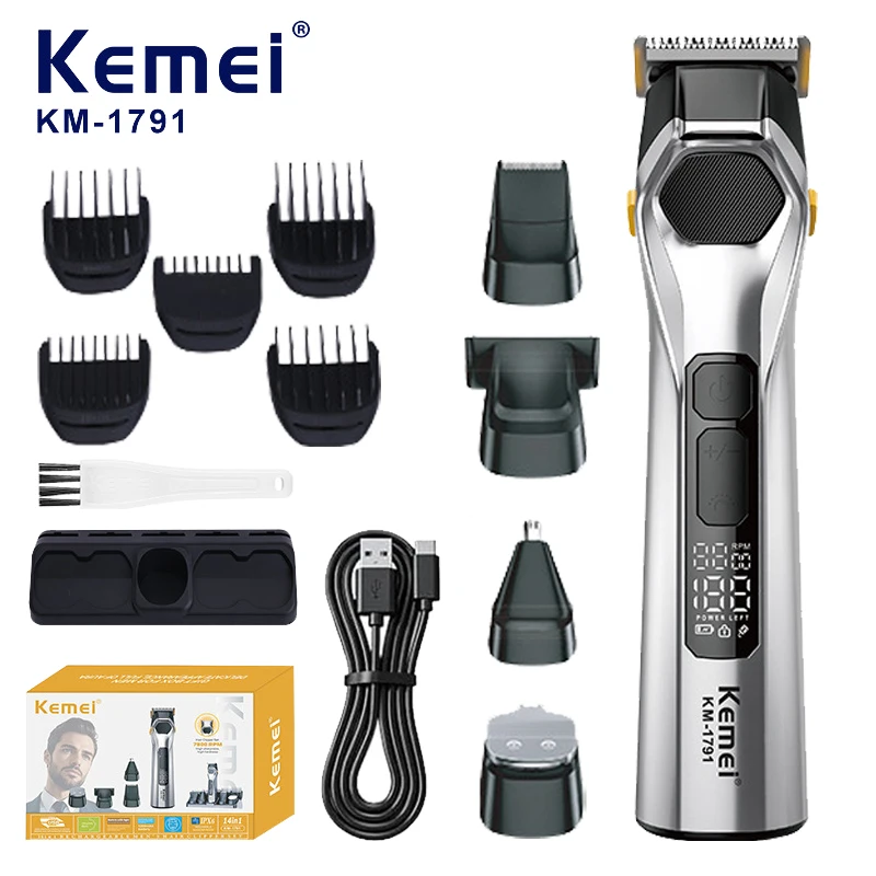 Kemei KM-1791 Waterproof Grooming Kit Electric Beard Trimmer Cordless Razor Hair Clippers Rechargeable Facial Beard Nose Trimmer
