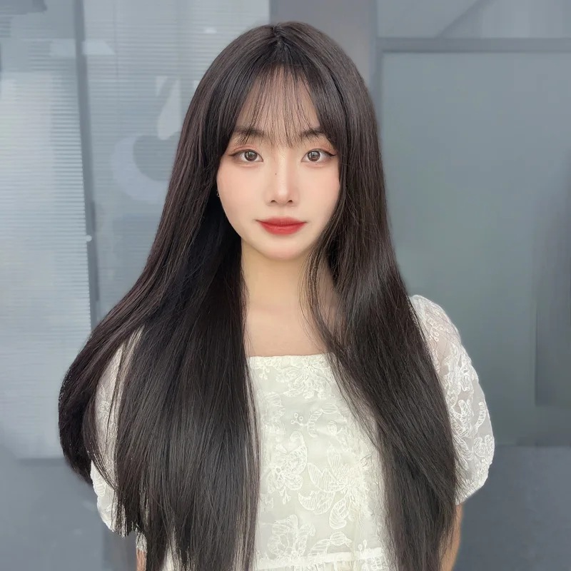 

Long straight hair wig bangs for women, burgundy color, natural-looking, with rose net synthetic fiber, full head cover, su