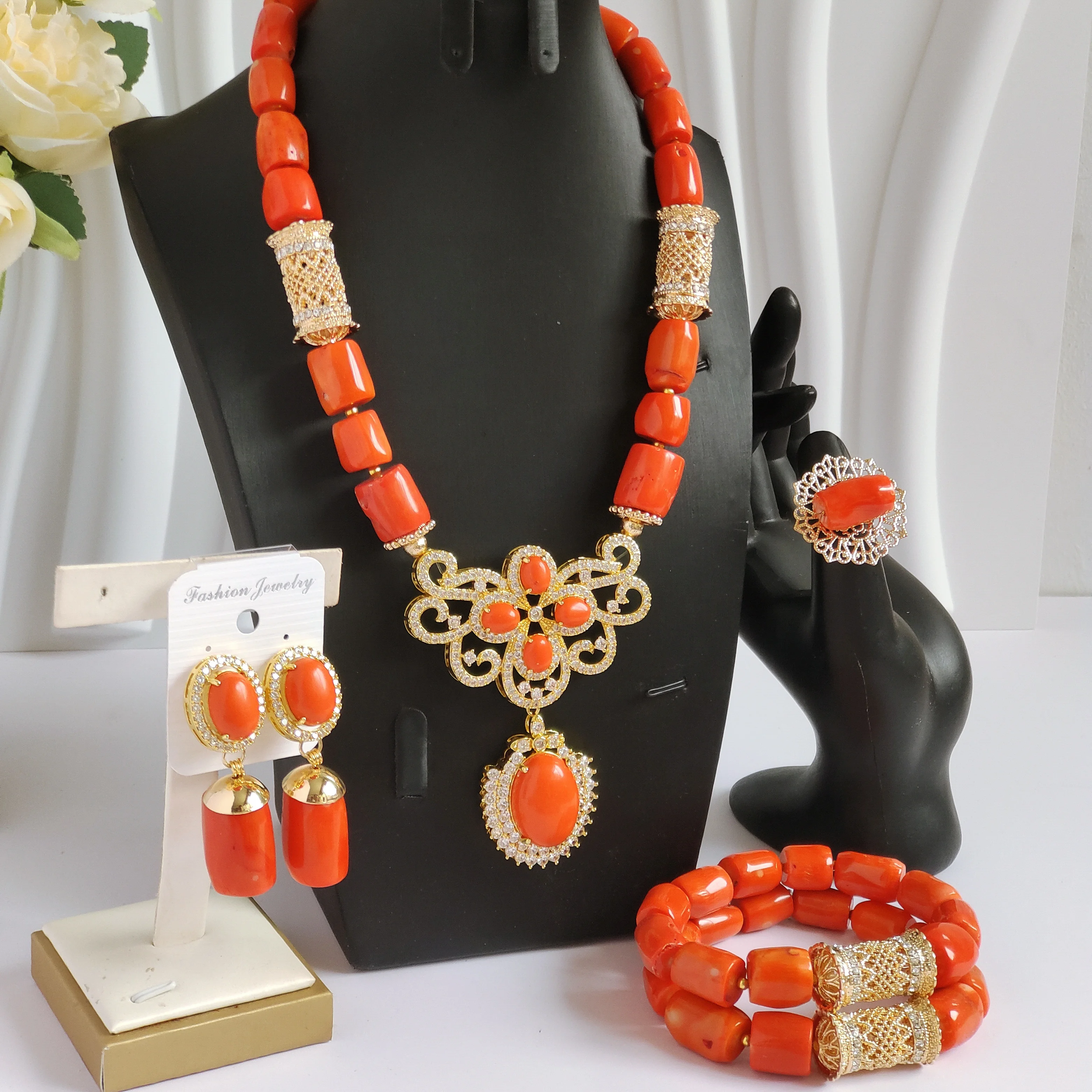 

Aczuv real nigerian coral bead jewelry set for weddings