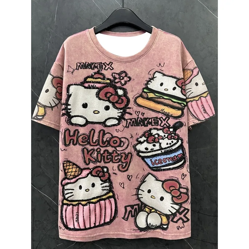 

2025 New HelloKitty Cat 3D Printed Short Sleeve T-shirt Women's Loose Casual Quick Drying Top