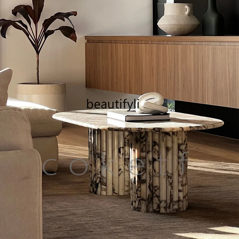 Designer simple natural elephant white marble coffee table light luxury small apartment oval coffee table