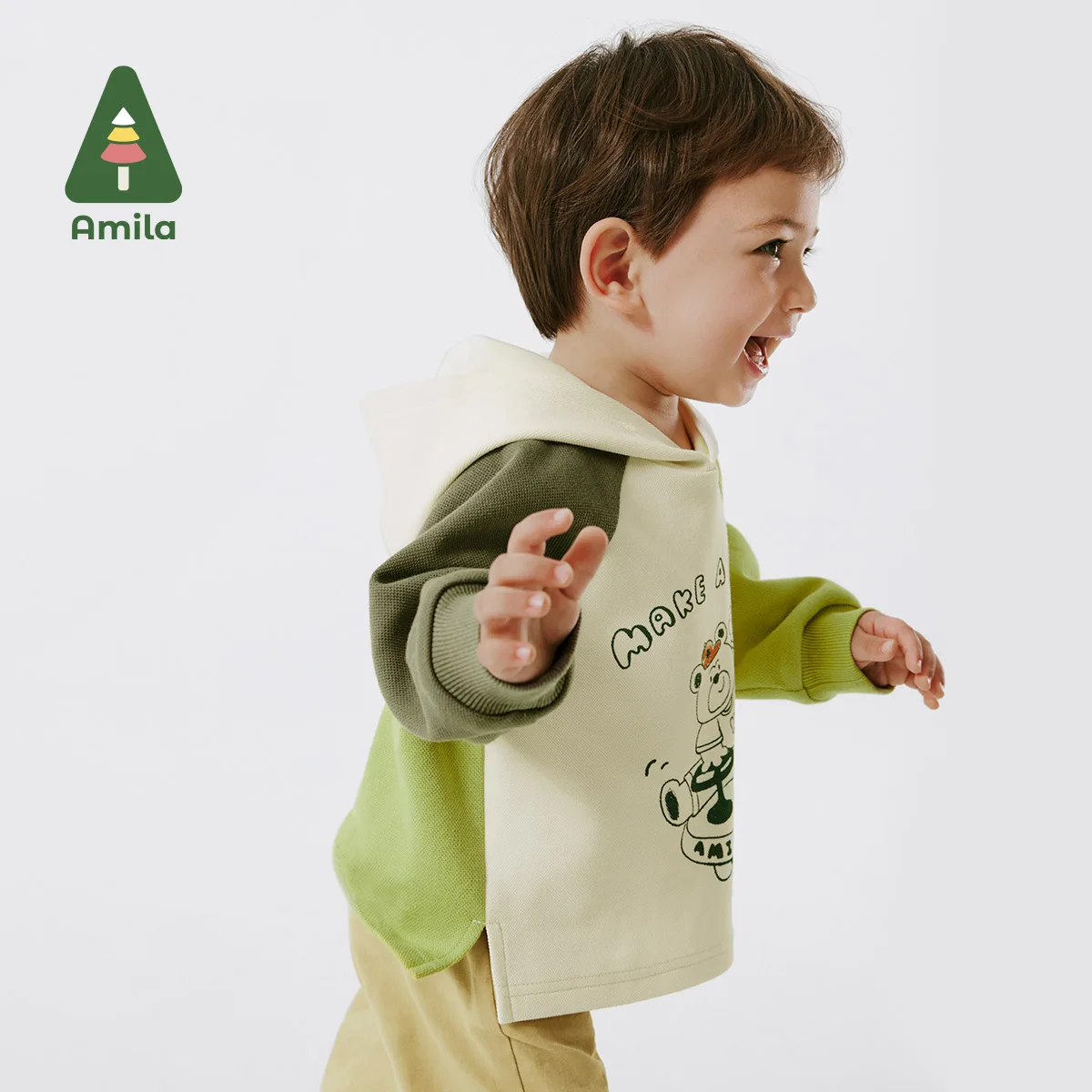 Amila Baby Pullover 2024 Spring New Contrast Splicing Elastic Breathable Lovely Cartoon Boys Hooded Sweatshirt