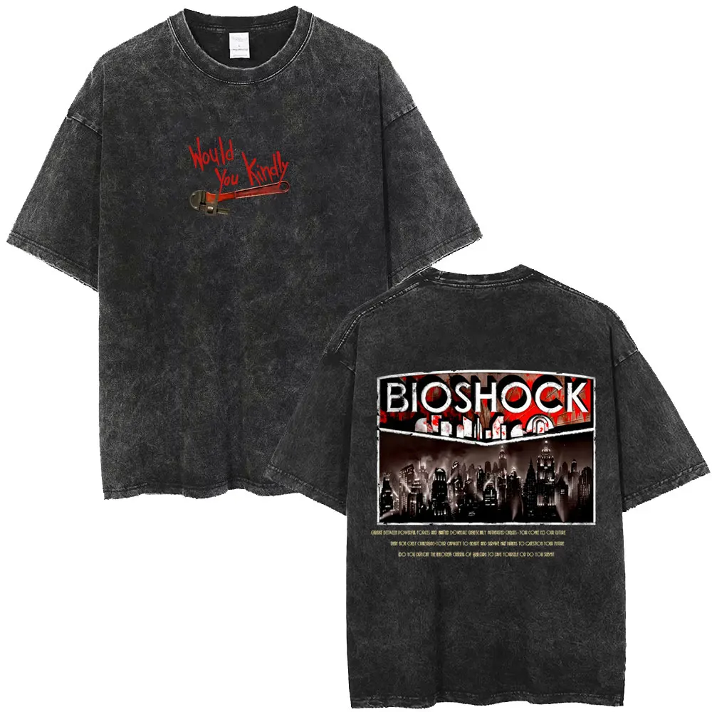 Washed Vintage Classic Shooting Game Bioshock Would You Kindly T-shirt Men Gothic Rock Hip Hop T Shirt Male Oversized Streetwear