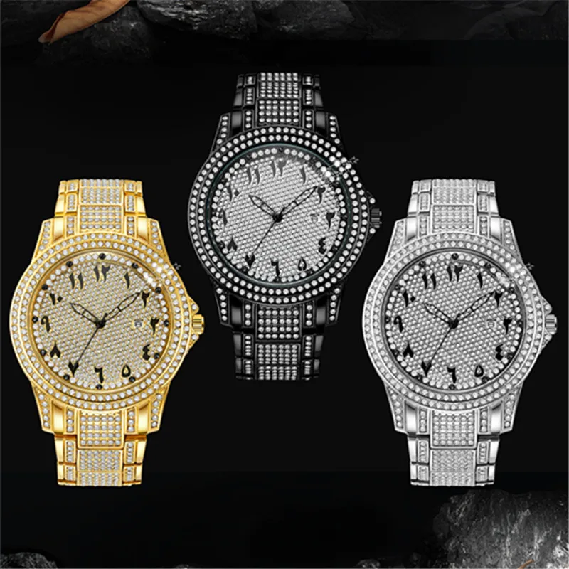 Big Brand Watches For Men Fashion Alloy Band Hip Hop Diamond Golden Luxury Date Quartz Vintage Watch Montres de Marque de Luxe