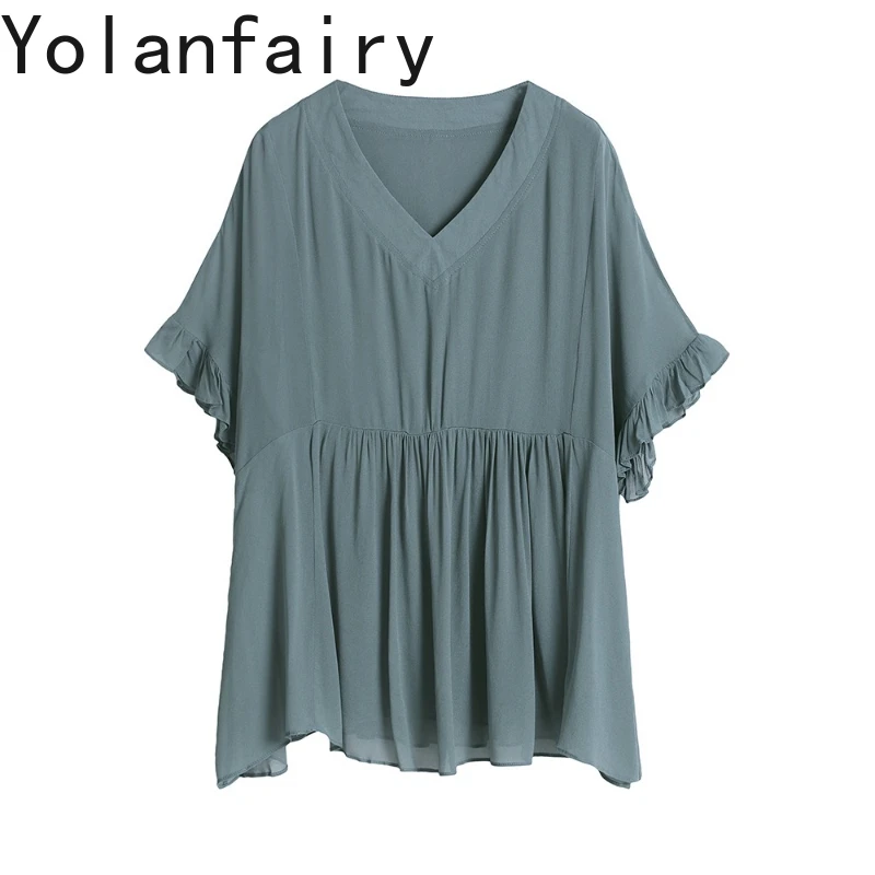 

YOLANFAIRY 100% Real Mulberry Silk Blouse for Women Summer Loose V-neck Shirts Woman Blouses Elegant Short Sleeve Womens Tops