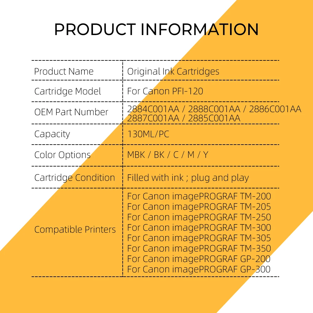 New For Canon PFI-120 PFI120 Ink Cartridge 130ML imagePROGRAF GP-200 GP-300 TM-200 TM-205 TM-250 TM-300 TM-305 TM-350