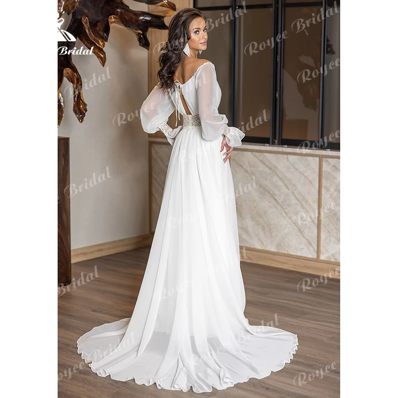 Simple A-Line Wedding Dress For Women Boho Split V-neck Lantern Sleeve Back Lace Up Belt Bride Gown Chiffon Sweep robe de mariée