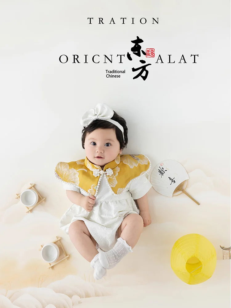 Pakaian bayi syal Jumpsuit hiasan kepala kaus kaki gaya nasional Set pakaian tema lentera teh Set kipas foto properti Dekorasi menembak