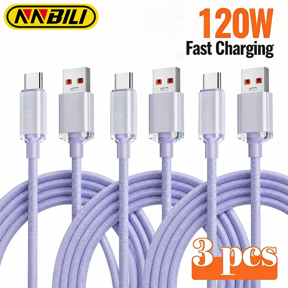 NNBILI 3Pcs 6A USB To Type C Cable 120W Fast Charging Charger TypeC Data Cord Quick Charge for Huawei Xiaomi  Samsung Oneplus 1M