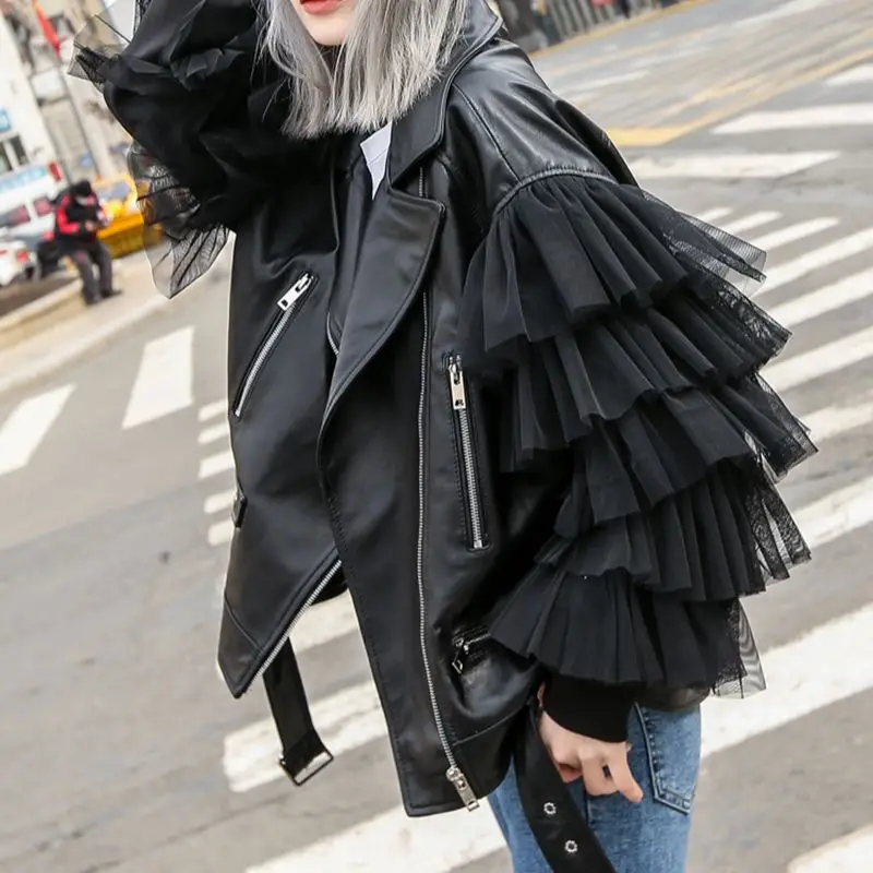 Lady Fashion Real Leather Jacket New Styles Genuine Sheepskin Leather Women  Tiered Tulle Sleeve Moto Jacket S7547