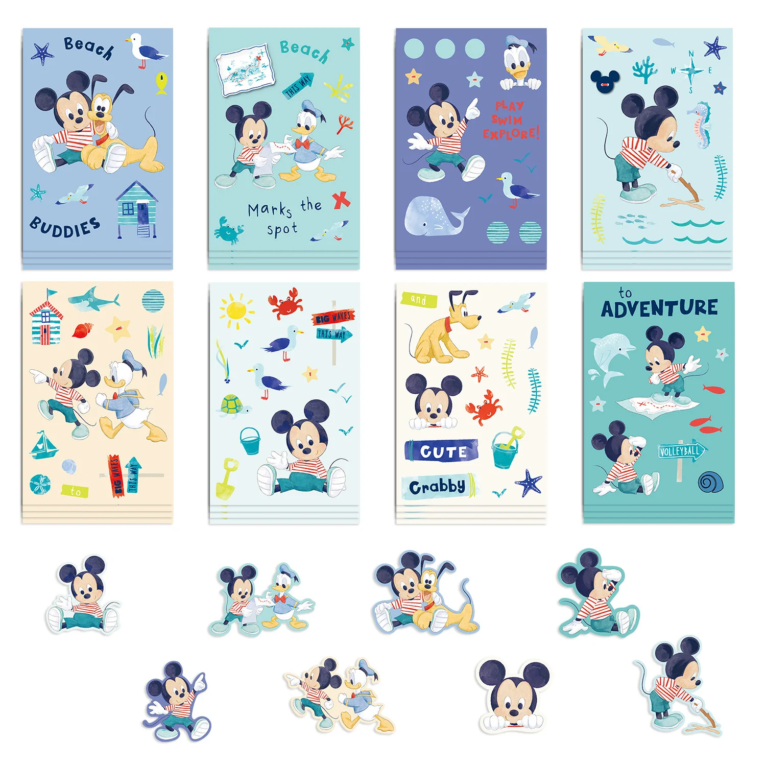 Disney Mickey Mouse Travel Puzzle Etiqueta, DIY, telefone, laptop, bagagem, skate, decalques de grafite, diversão, presente do miúdo, 8 folhas, 16 folhas