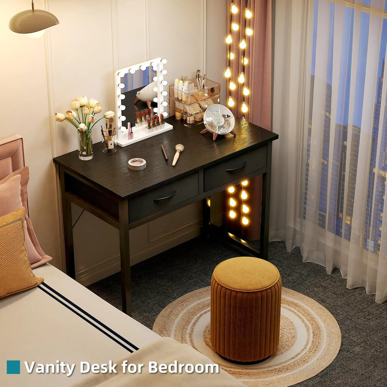 Modern minimalist computer desk with fabric drawers Bedroom home desk with side pockets and hooks