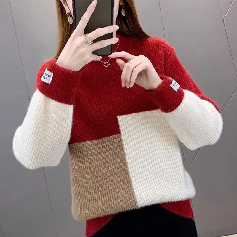 New Autumn/Winter Fashion Thickened Contrast Color Half High Neck Mink Fleece Loose and Versatile Women\'s Long Sleeve Sweater