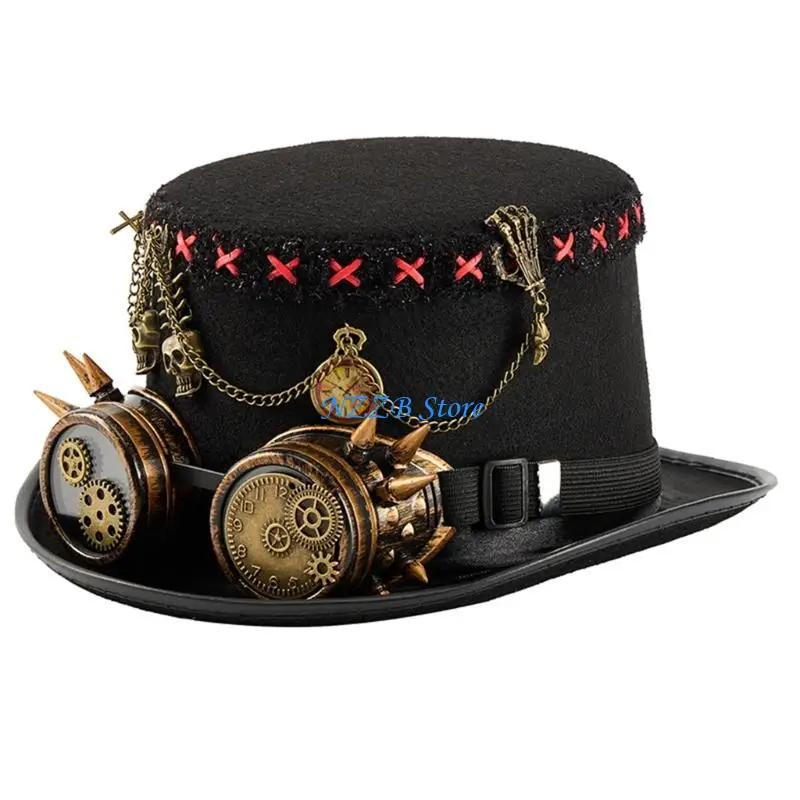 

T21F Unisex Felts Top Hat With Metal Chain and Goggles Decoration Halloween Costume Accessories For Steampunk Enthusiasts