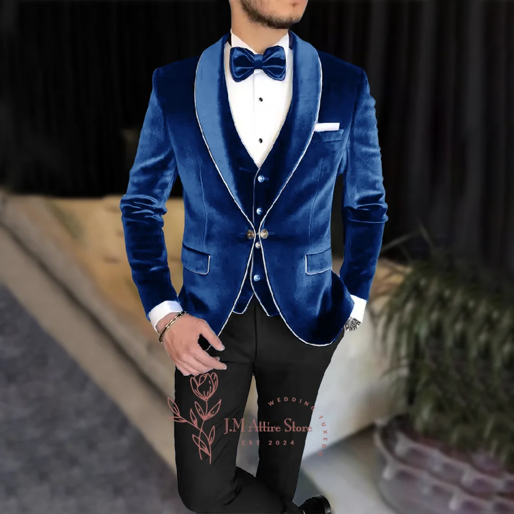 Premium Men Suits Navy Blue 3 Pcs Jacket Vest Black Pants Shawl Lapel Velvet Blazer for Groom Wedding Party Prom Formal Tuxedo